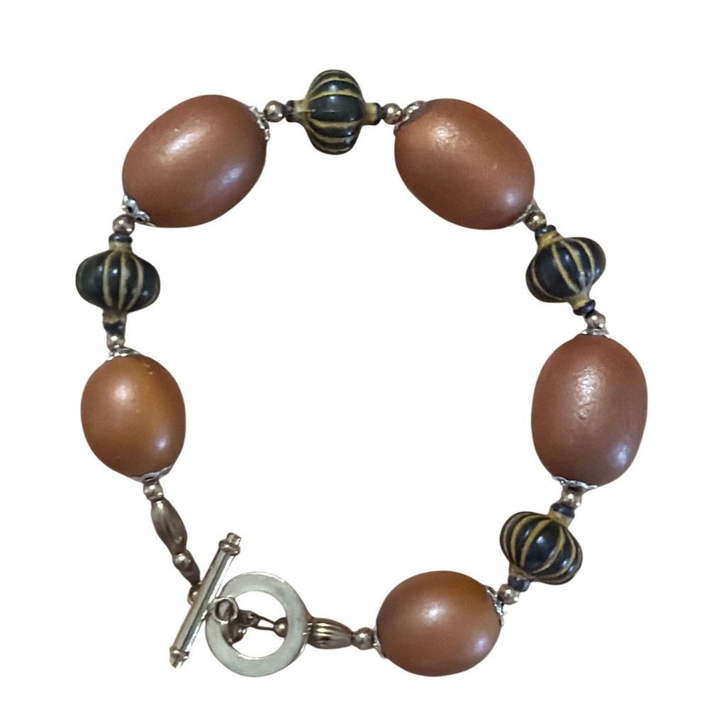 Artisan‎ Beaded Toggle Bracelet Terracotta Black Gold Ribbed Statement Boho